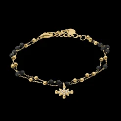 Damen Armband Kette AUSTRALE Gold Edelstahl Schwarze Perlen