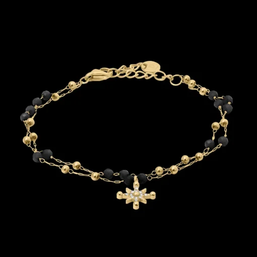 Damen Armband Kette AUSTRALE Gold Edelstahl Schwarze Perlen