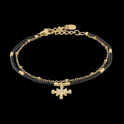 Damen Armband Zweireihiges ANTHAREA Gold Edelstahl Schwarze Perlen