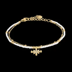 Damen Armband Zweireihiges ANTHAREA Gold Edelstahl Weisse Perlen