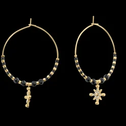 Damen Creolen Ohrring ANTHAREA Gold Edelstahl Schwarze Perlen