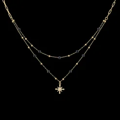 Damen Kette Zweireihiges AUSTRALE Gold Edelstahl Schwarze Perlen