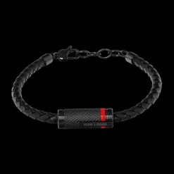 Herren Armband PADDOCK Schwarz Geflochtenes Leder und Stahl mit Rot Harz