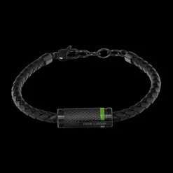Herren Armband PADDOCK Schwarz Geflochtenes Leder und Stahl mit Grün Harz