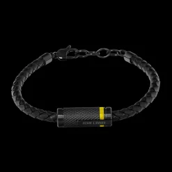 Herren Armband PADDOCK Schwarz Geflochtenes Leder und Stahl mit Gelb Harz