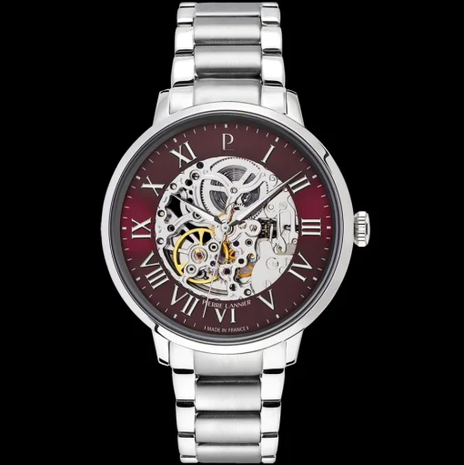 Herren Uhr AUTOMATIC Burgundrot Zifferblatt Silber Edelstahl 20 MM Armband