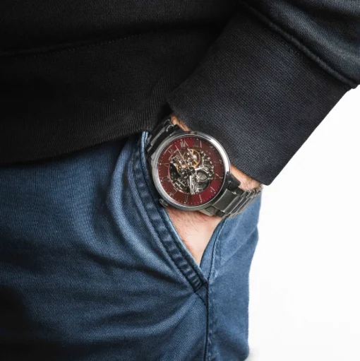 Herren Uhr AUTOMATIC Burgundrot Zifferblatt Silber Edelstahl 20 MM Armband