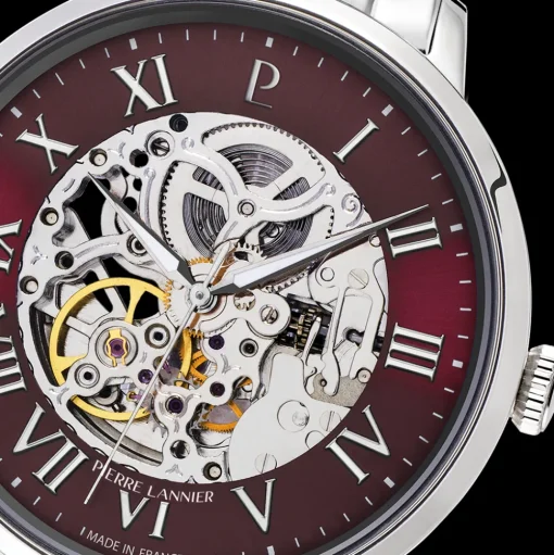 Herren Uhr AUTOMATIC Burgundrot Zifferblatt Silber Edelstahl 20 MM Armband