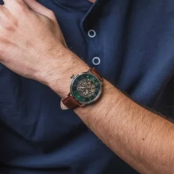 Herren Uhr AUTOMATIC Grün Zifferblatt Braun Leder 20 MM Armband