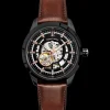 Herren Uhr AUTOMATIC Schwarz Zifferblatt Braun Leder Armband