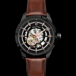 Herren Uhr AUTOMATIC Schwarz Zifferblatt Braun Leder Armband