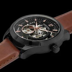 Herren Uhr AUTOMATIC Schwarz Zifferblatt Braun Leder Armband