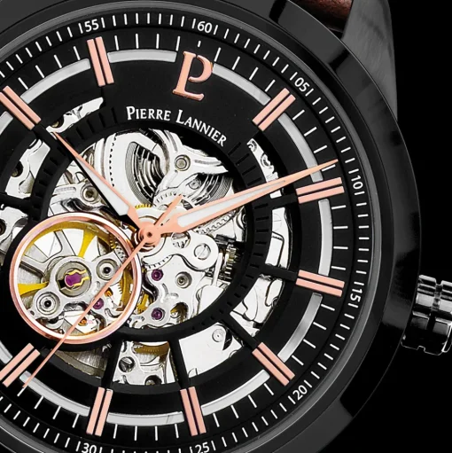 Herren Uhr AUTOMATIC Schwarz Zifferblatt Braun Leder Armband