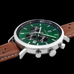 Herren Uhr BARON Grün Zifferblatt Braun Perforiertes Leder Armband