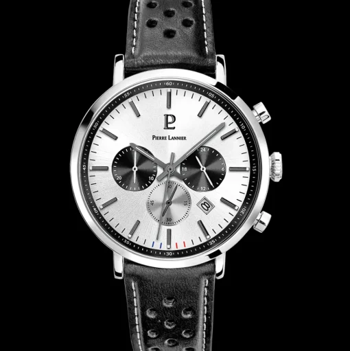 Herren Uhr BARON Silber Zifferblatt Schwarz Perforiertes Leder Armband