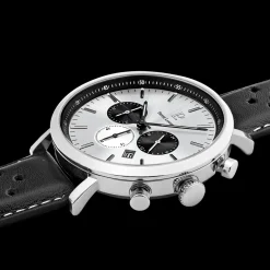Herren Uhr BARON Silber Zifferblatt Schwarz Perforiertes Leder Armband