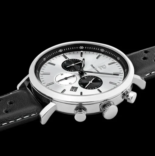 Herren Uhr BARON Silber Zifferblatt Schwarz Perforiertes Leder Armband