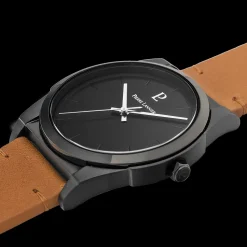 Herren Uhr CANDIDE Schwarz Zifferblatt Kamel Leder Armban