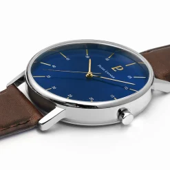 Herren Uhr CITYLINE Blau Zifferblatt Braun Leder Armband