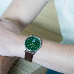 Herren Uhr COEUR BATTANT Grün Zifferblatt Braun Leder 20 MM Armband