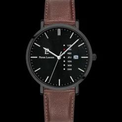 Herren Uhr DATA Schwarz Zifferblatt Braun Leder Armband