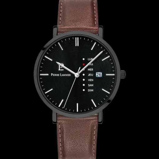 Herren Uhr DATA Schwarz Zifferblatt Braun Leder Armband