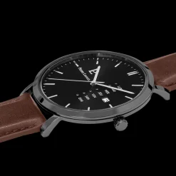 Herren Uhr DATA Schwarz Zifferblatt Braun Leder Armband