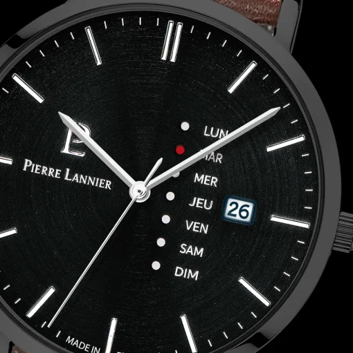 Herren Uhr DATA Schwarz Zifferblatt Braun Leder Armband