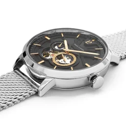 Herren Uhr TRIO Schwarz Zifferblatt Silber Milanaise Armband
