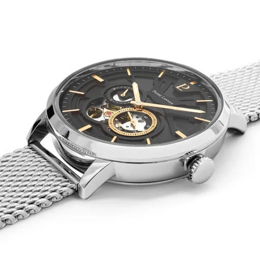 Herren Uhr TRIO Schwarz Zifferblatt Silber Milanaise Armband